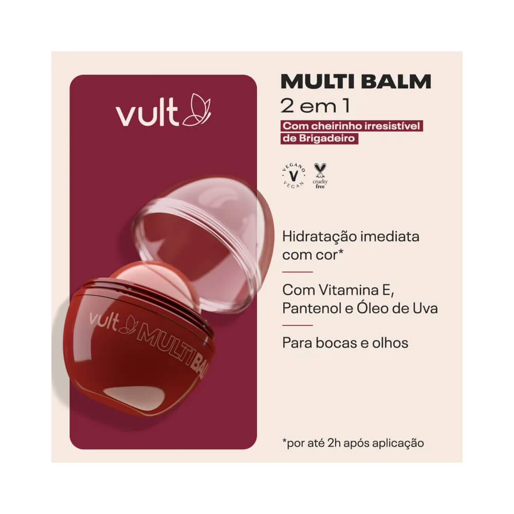 Imagem do Multi Balm Vult Brigadeiro com informações de benefícios e ativos