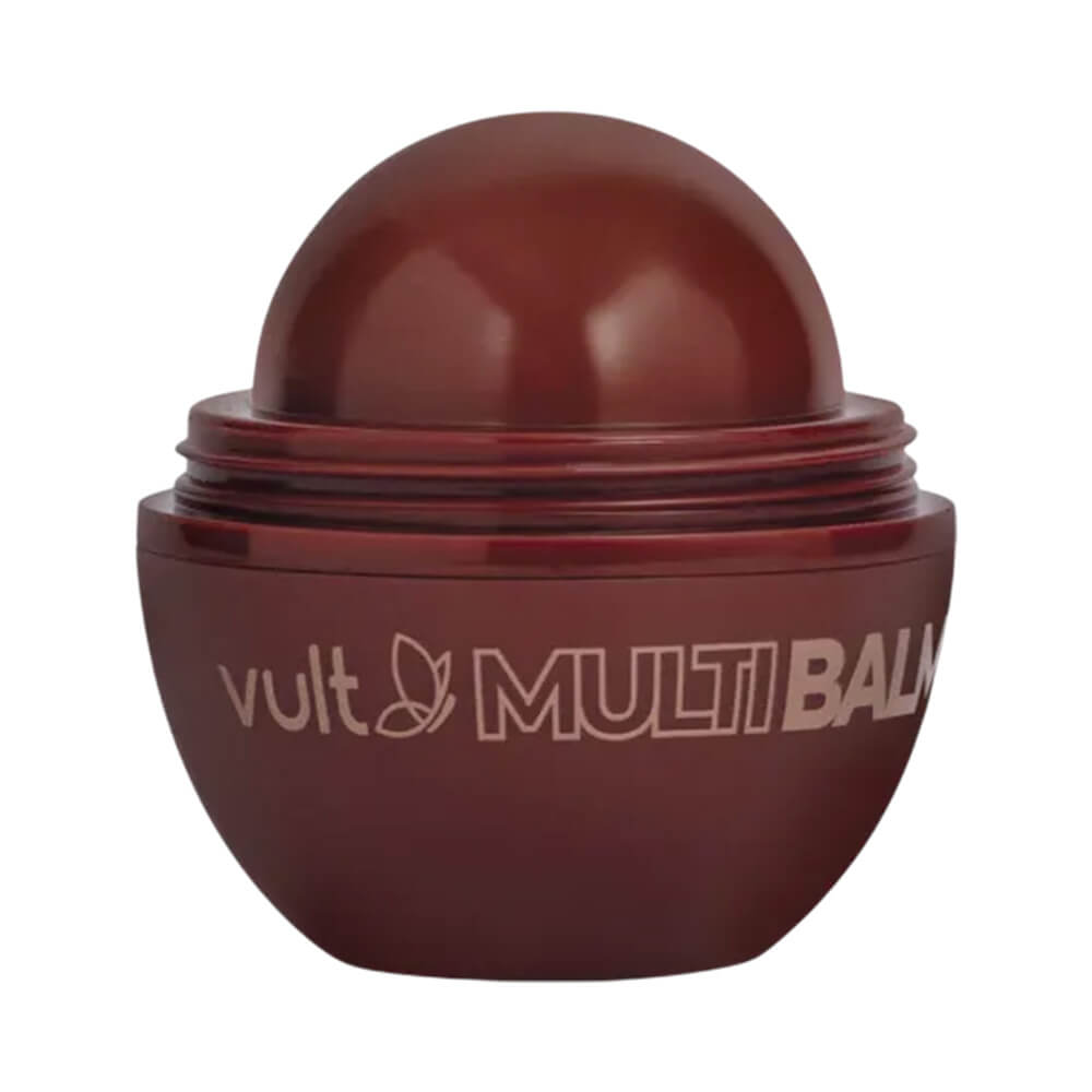 Close do Multi Balm Vult Brigadeiro aberto mostrando balm esférico marrom avermelhado