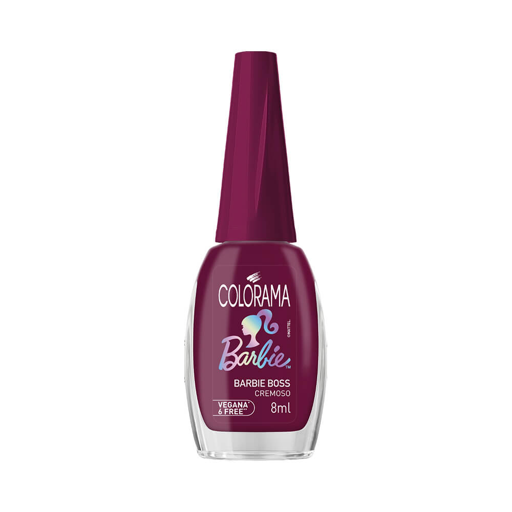 Esmalte Colorama Barbie Boss roxo cremoso em frasco de vidro transparente com tampa roxa