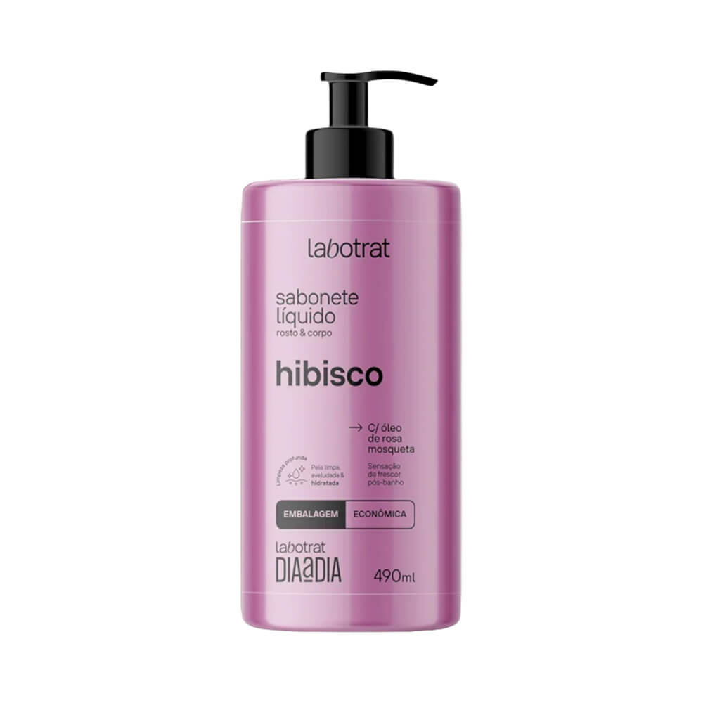 Frasco de sabonete líquido Labotrat Dia a Dia Hibisco 490ml com embalagem rosa claro e pump preto