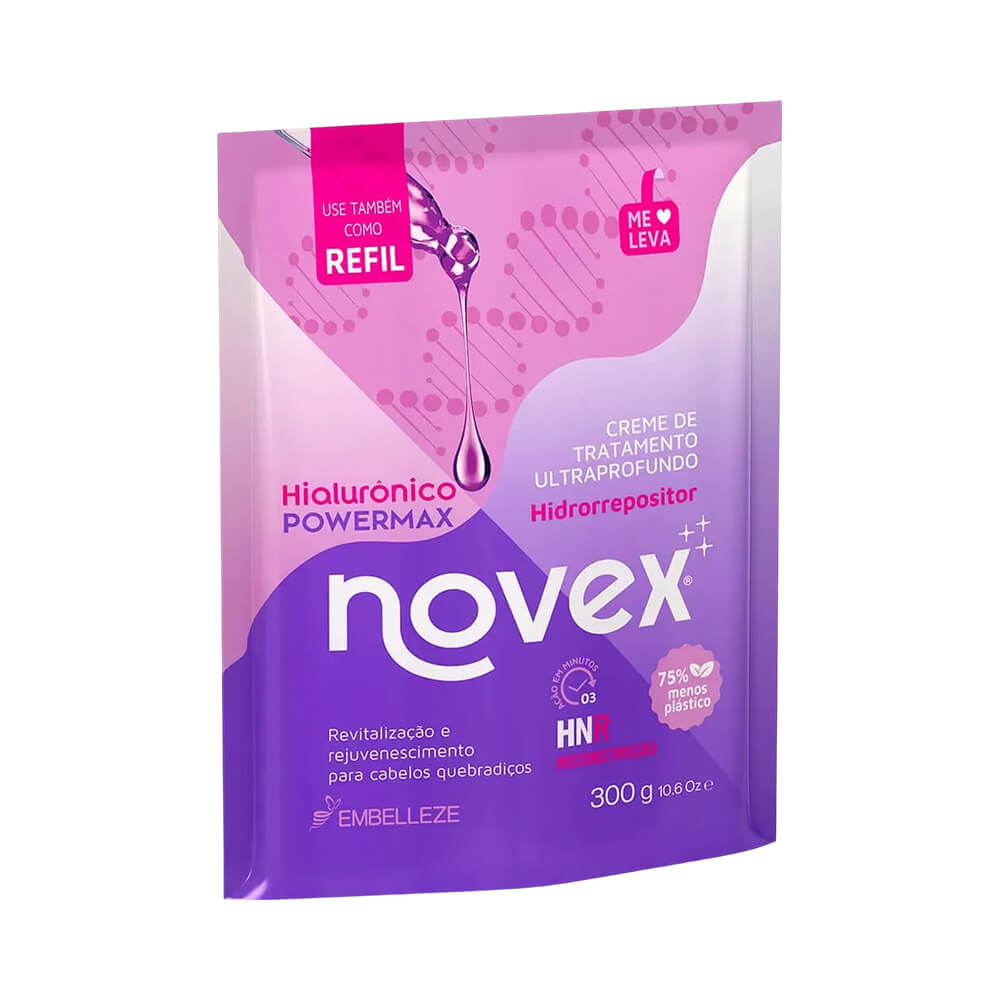 Refil de creme de tratamento Novex Hialurônico PowerMax 300g em embalagem pouch roxa e lilás para cabelos quebradiços.