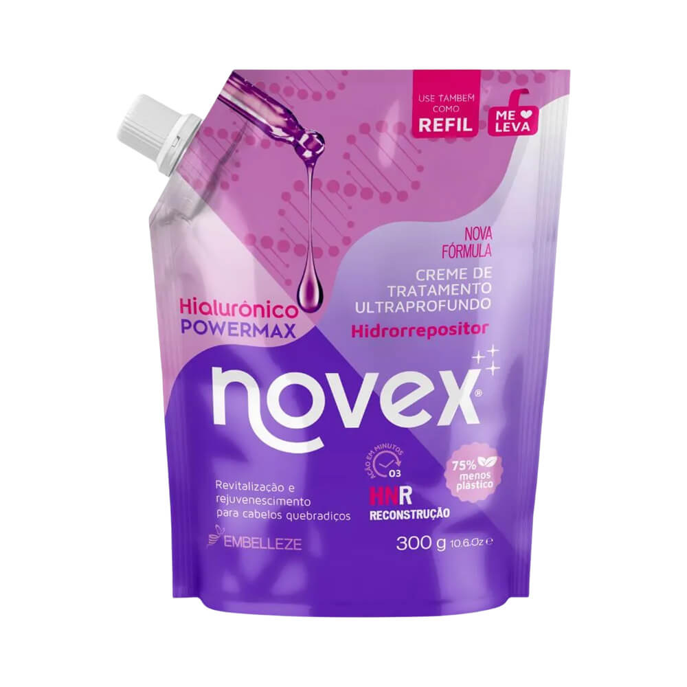 Embalagem pouch de refil do creme Novex Hialurônico PowerMax 300g com bico dosador branco e design em tons de roxo.
