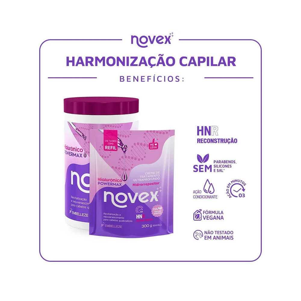 Linha Novex Hialurônico PowerMax com embalagem tradicional e refil, destacando benefícios e fórmulas veganas.