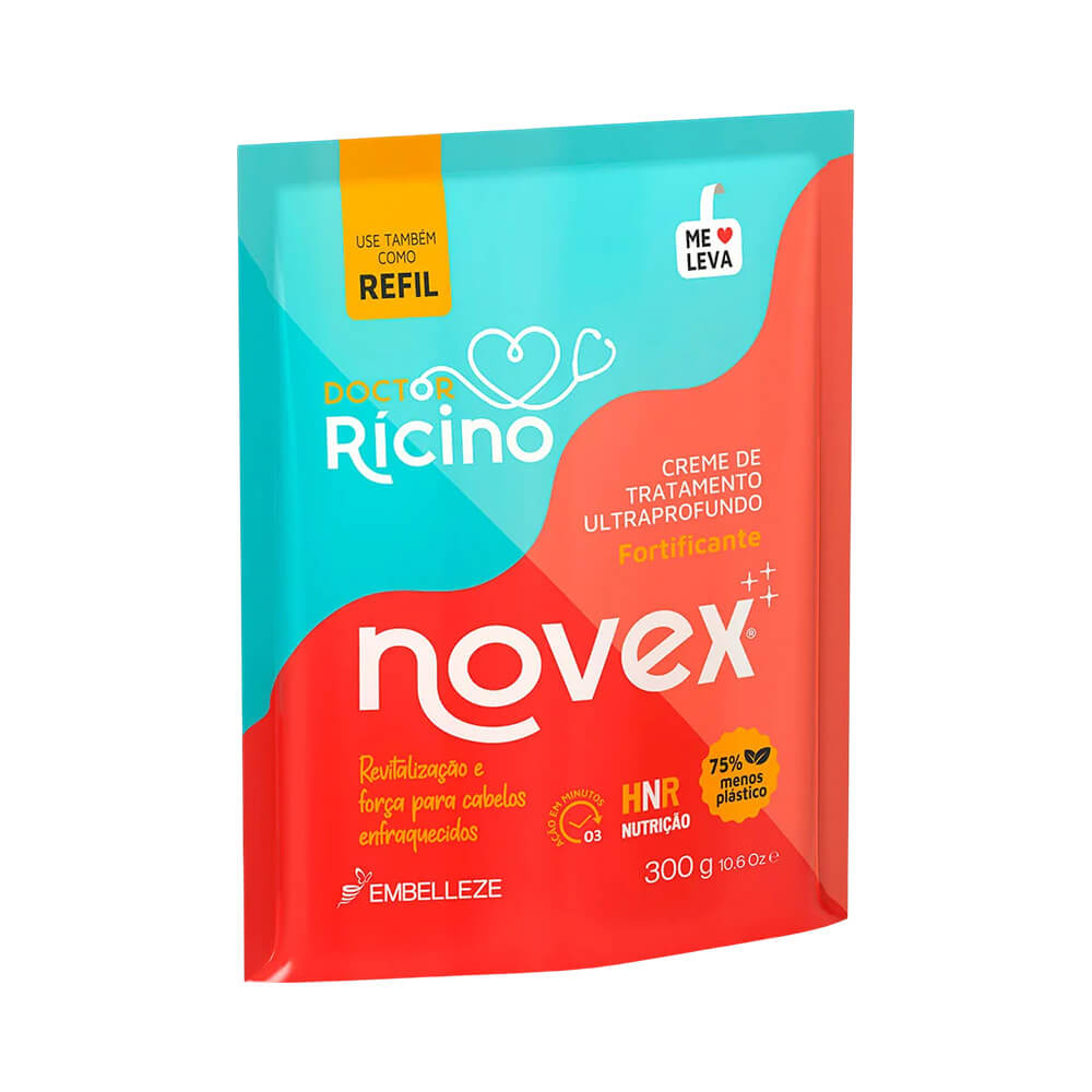 Refil Novex Doctor Rícino 300g vista frontal em embalagem azul turquesa e vermelha