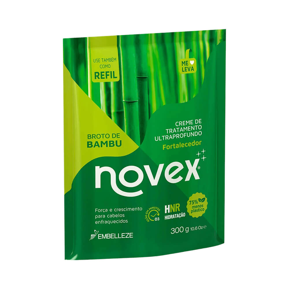 Refil de Creme de Tratamento Novex Broto de Bambu 300g - embalagem flexível verde com imagem de bambu
