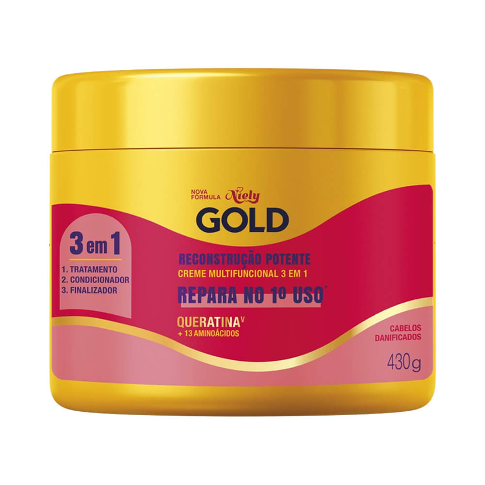 Creme de tratamento Niely Gold Reconstrução Potente Queratina 430g em embalagem amarela com detalhes em vermelho e rosa