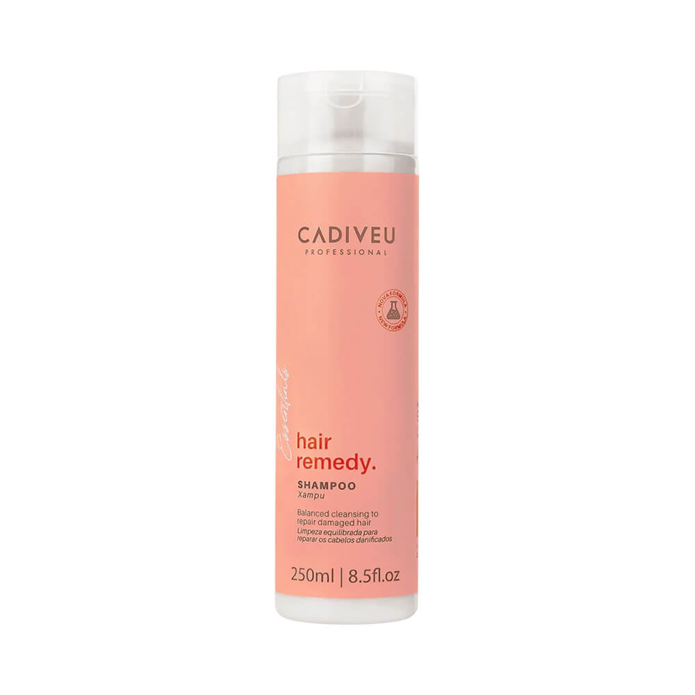 Frasco do Shampoo Cadiveu Essentials Hair Remedy 250ml com embalagem rosa claro e tampa transparente