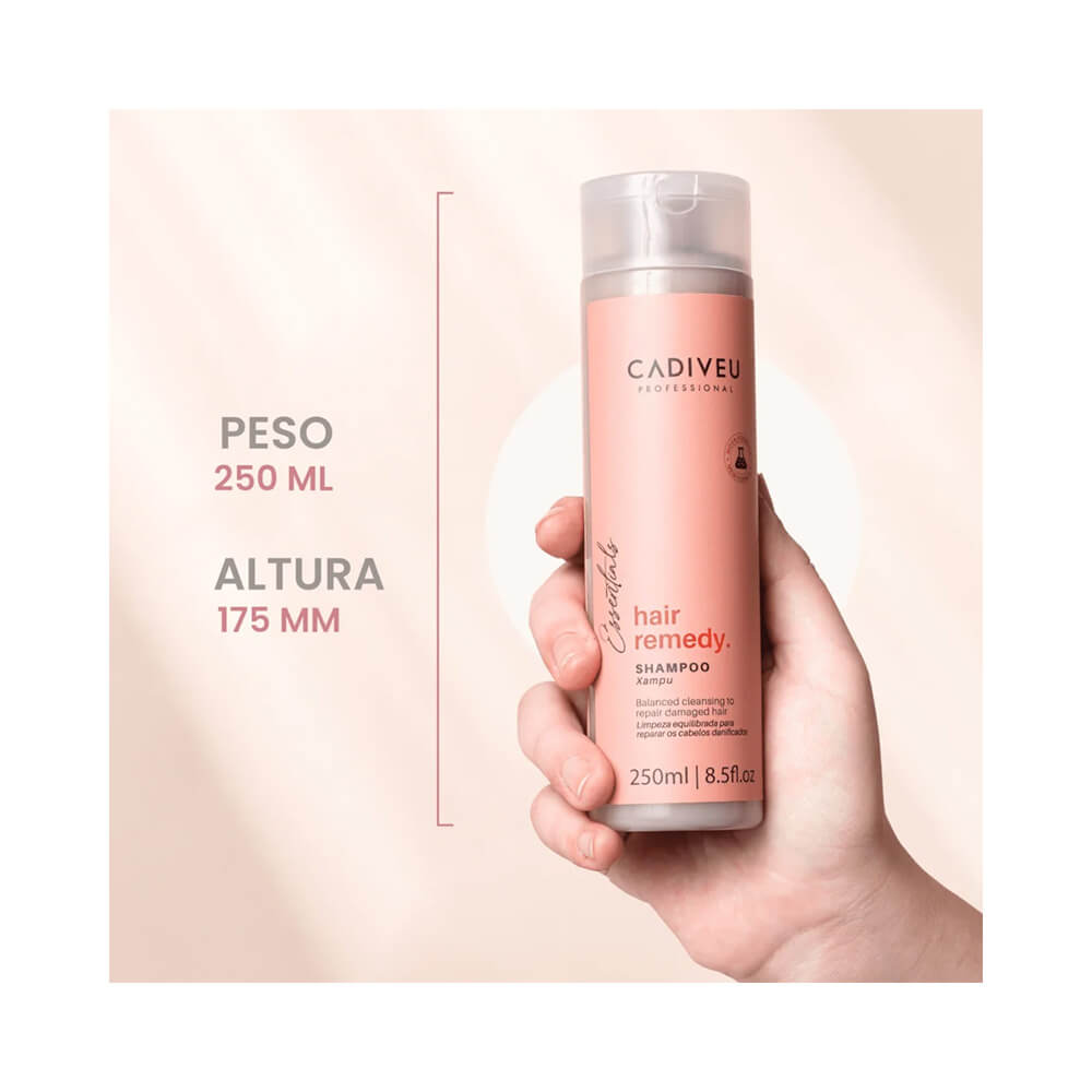 Frasco do Shampoo Cadiveu Essentials Hair Remedy 250ml com indicação visual de altura e peso