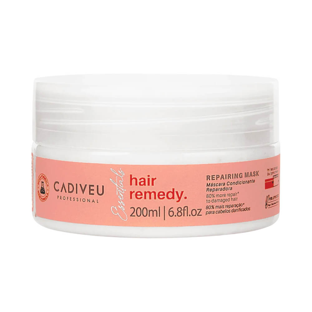 Máscara Capilar Cadiveu Essentials Hair Remedy em pote plástico branco com rótulo rosa claro