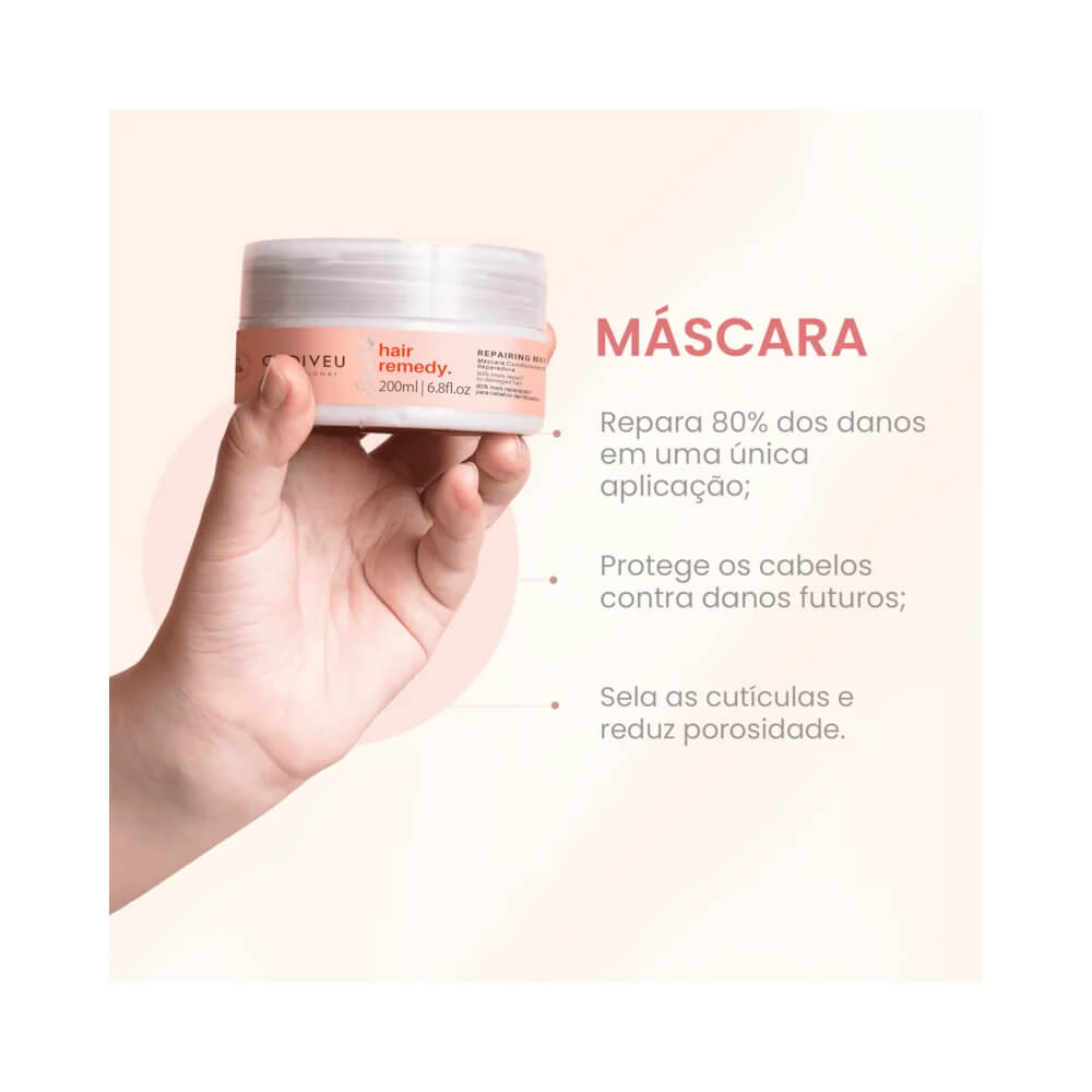 Mão segurando pote da Máscara Capilar Cadiveu Essentials Hair Remedy 200ml com texto informativo
