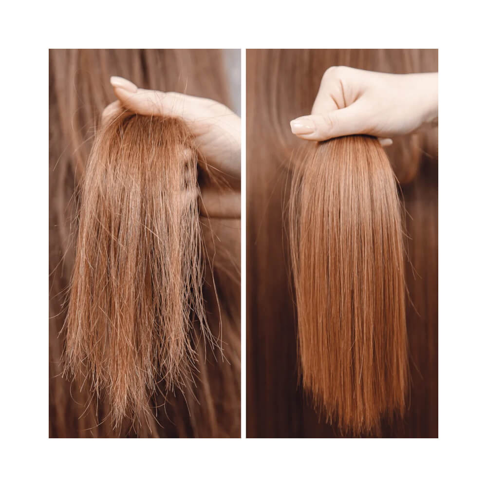 Comparativo de cabelo antes e depois do uso da Máscara Cadiveu Essentials Hair Remedy