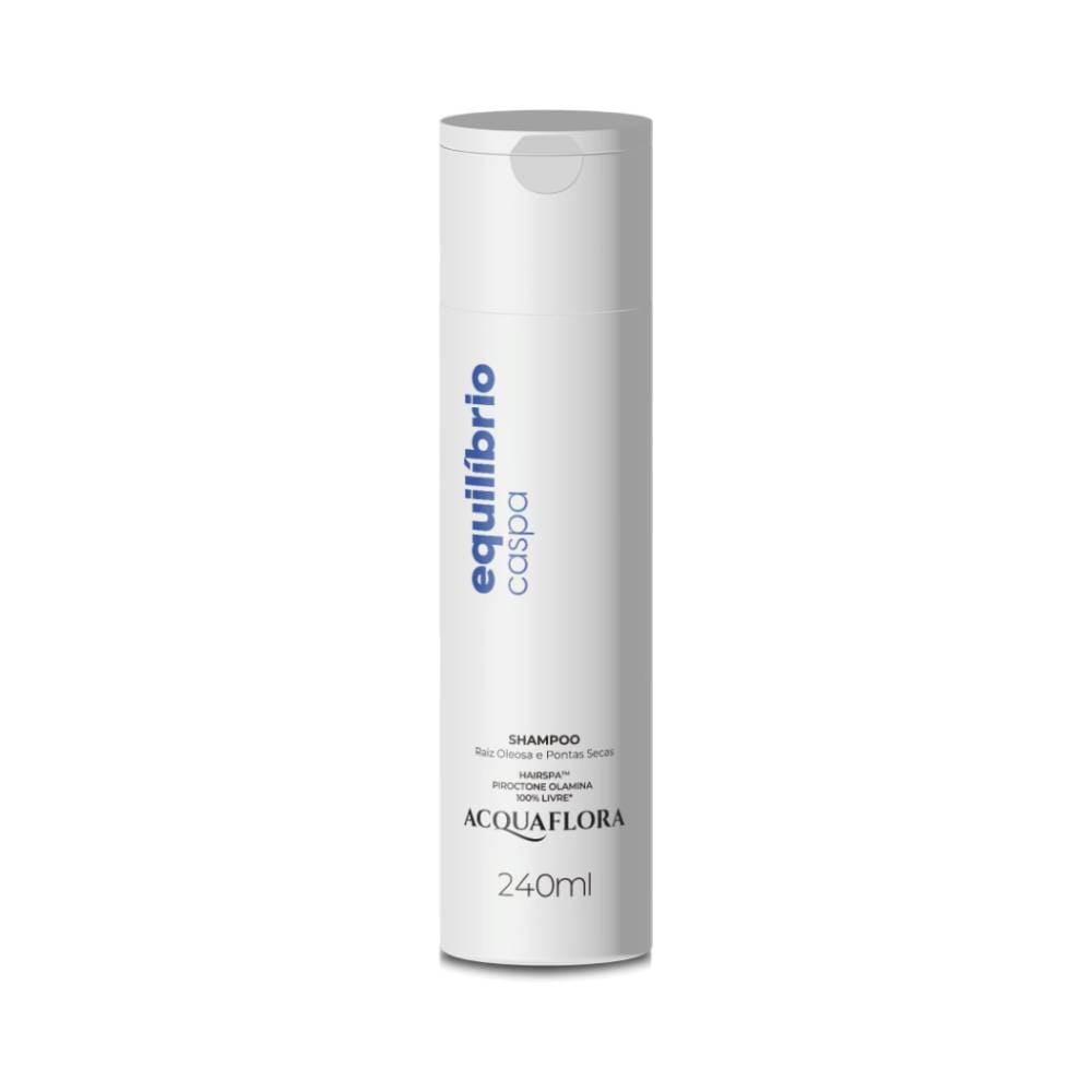 Frasco branco do Shampoo Acquaflora Equilíbrio Caspa para raiz oleosa e pontas secas