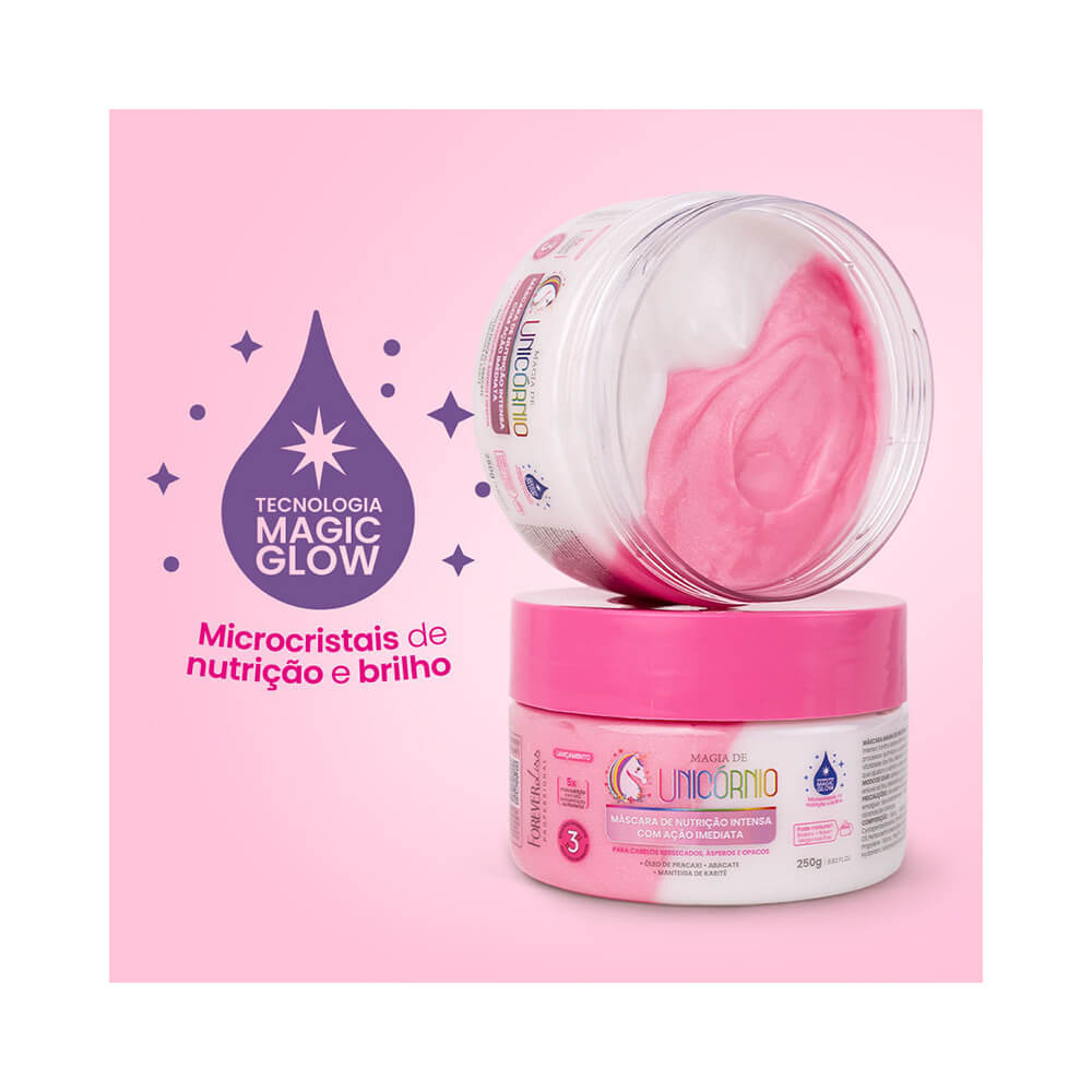 Potes da Máscara Magia de Unicórnio mostrando creme branco e rosa e detalhes da fórmula