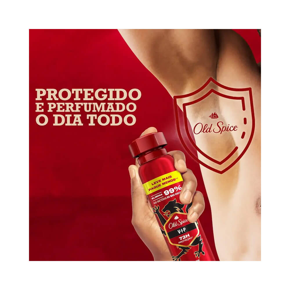 Desodorante Old Spice Vip 250ml sendo aplicado no braço em fundo vermelho