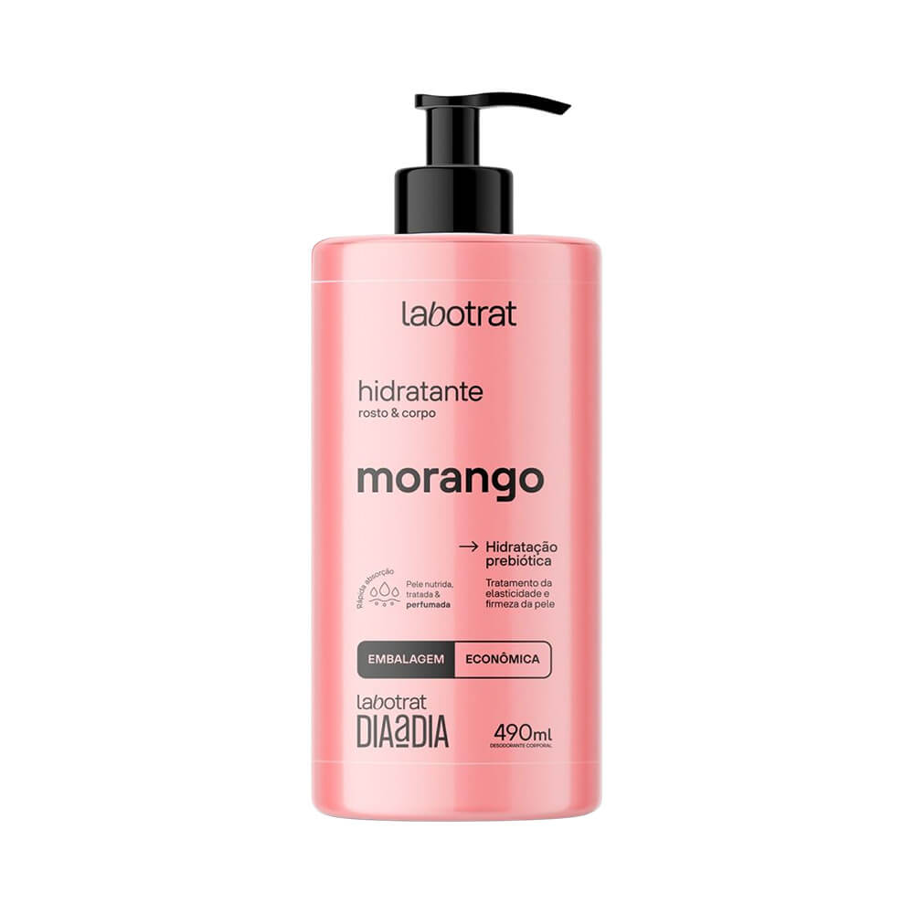 Frasco rosa claro com pump preto do Hidratante Labotrat Dia a Dia Morango 490ml