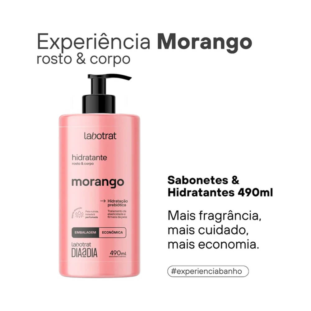 Hidratante Labotrat Dia a Dia Morango 490ml em destaque com texto sobre fragrância morango