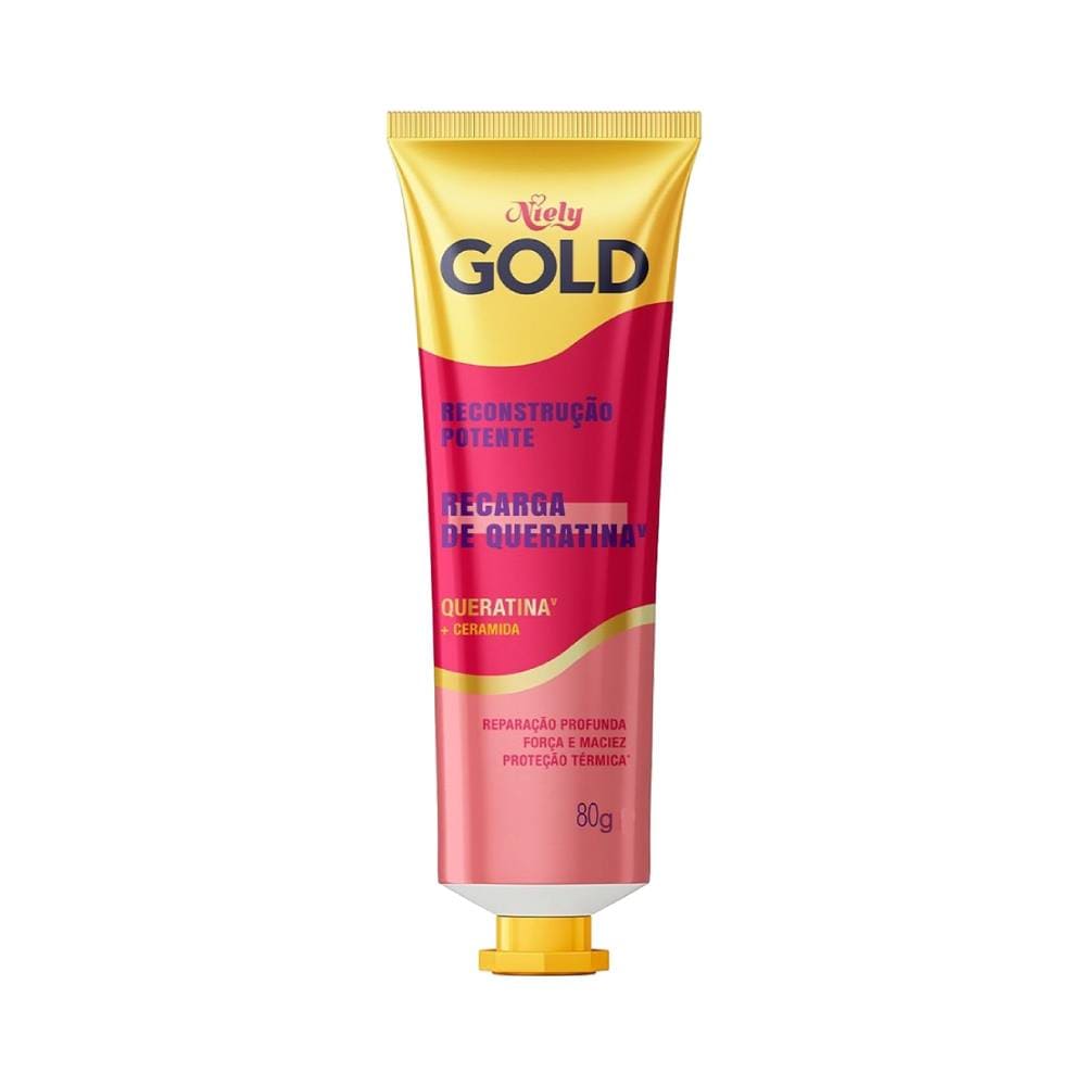 Queratina Líquida Niely Gold Reconstrução Potente 80g em embalagem bisnaga com cores amarelo, vermelho, rosa e dourado