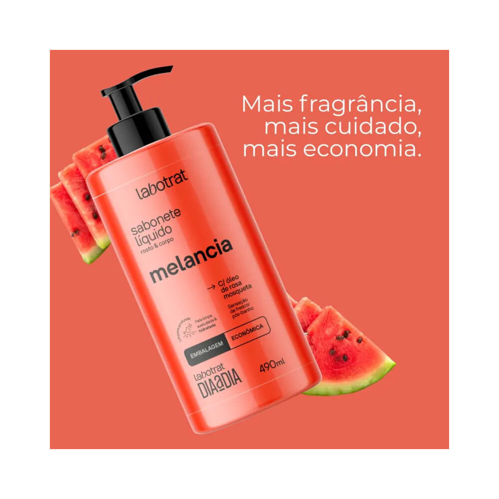 Frasco vermelho Labotrat 490ml com fatias de melancia ao redor