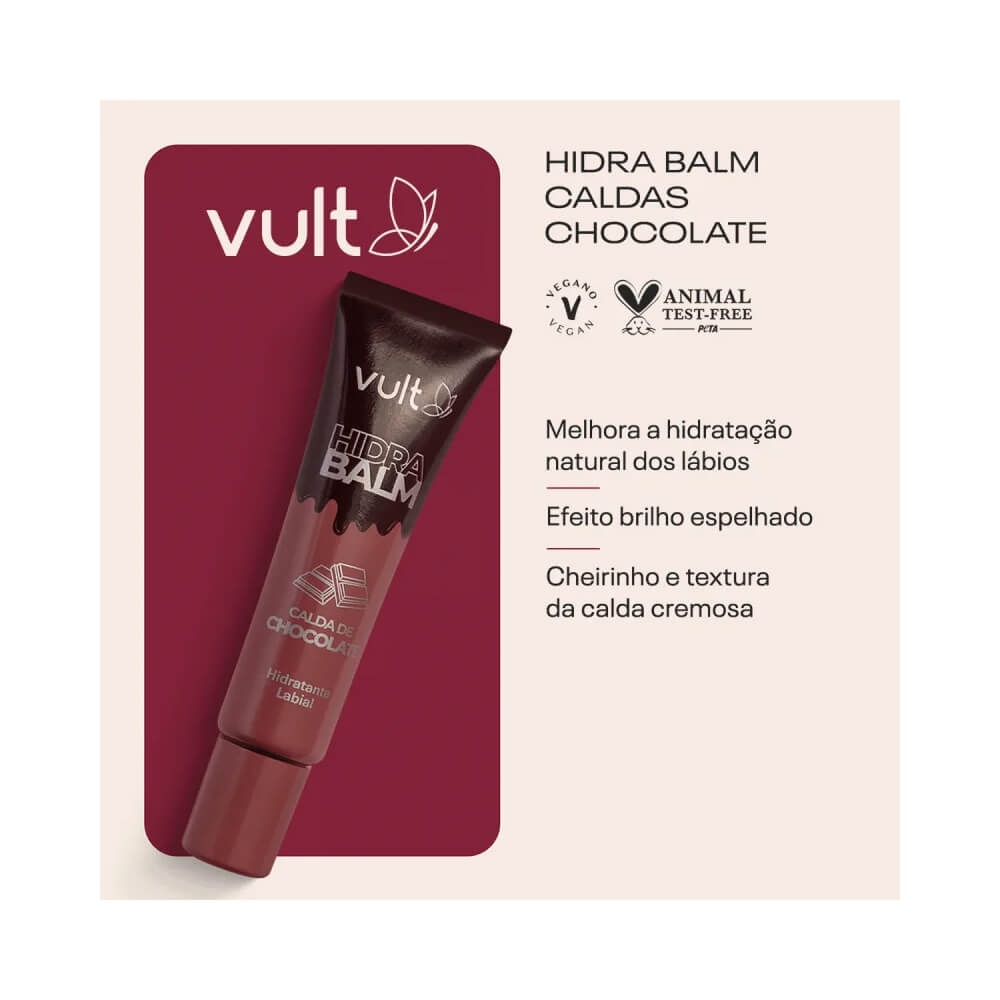 Detalhes do Hidratante Labial Vult Hidra Balm Calda de Chocolate com informações sobre benefícios