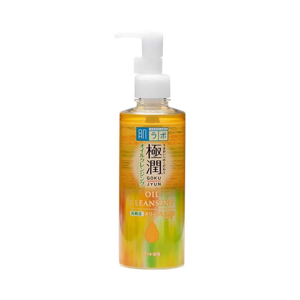 Óleo de limpeza Hada Labo Gokujyun 200ml em frasco transparente com líquido amarelo dourado