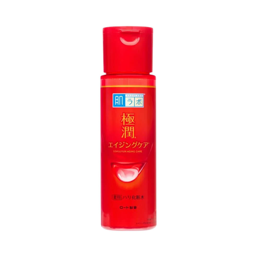 Loção Facial Hada Labo Gokujyun Aging Care 170ml em embalagem vermelha com tampa flip-top