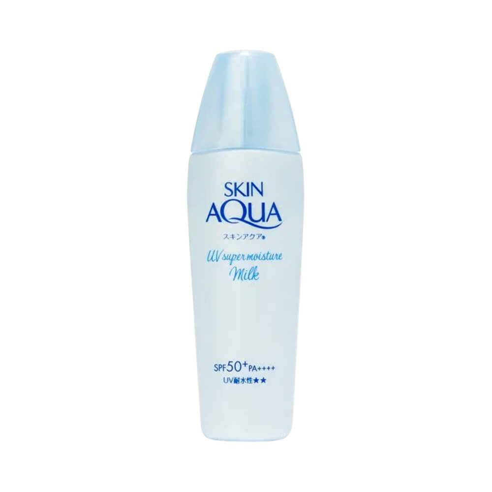 Protetor Solar Skin Aqua Super Moisture Milk em embalagem branca translúcida com tampa azul clara