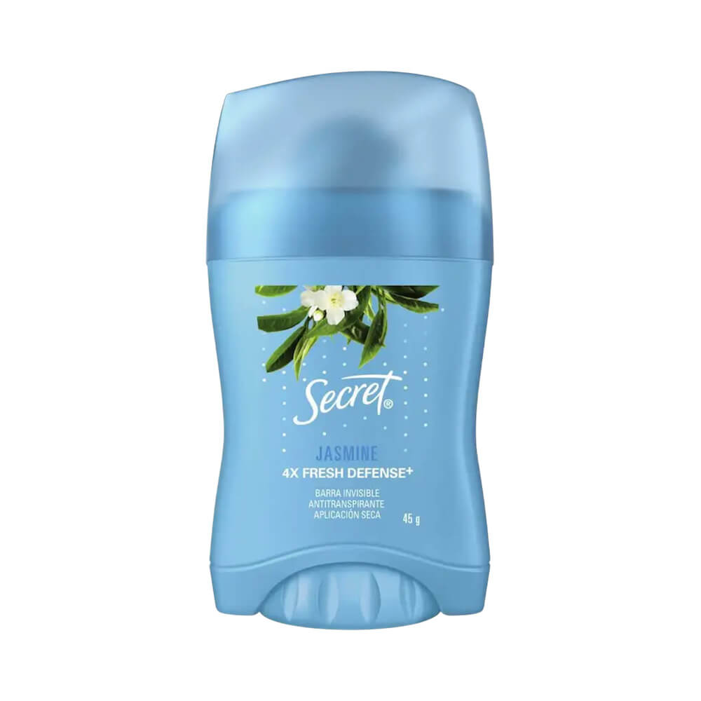 Desodorante em barra Secret Jasmine, embalagem azul clara com tampa azul translúcida