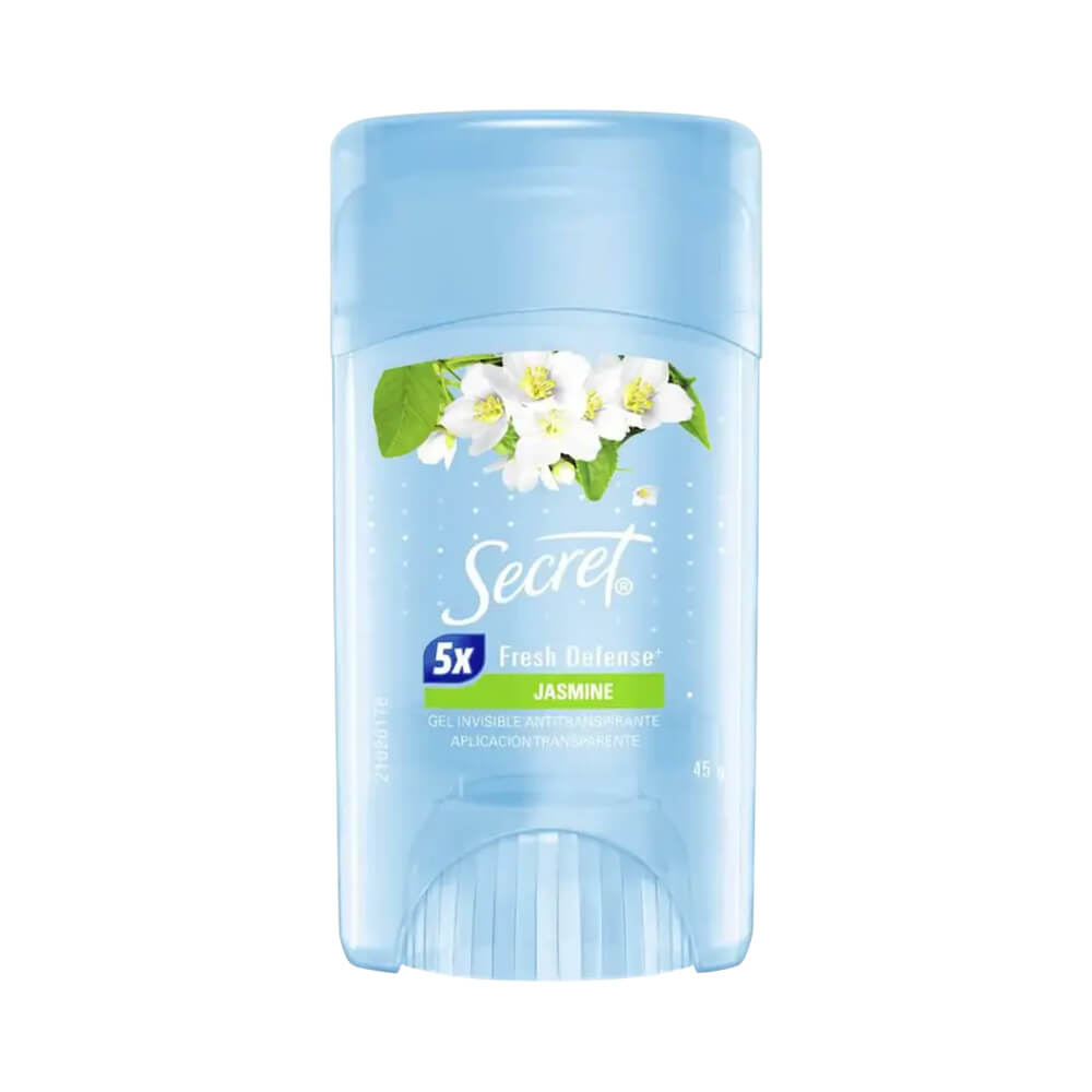 Desodorante em gel Secret Jasmine 45g em embalagem translúcida azul clara com tampa, destacando fragrância de jasmim e proteção 5x Fresh Defense