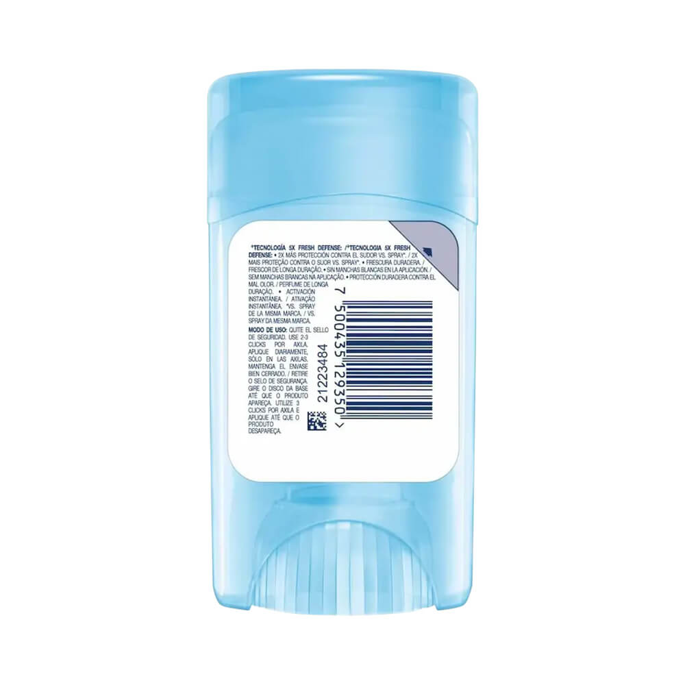 Verso do desodorante em gel Secret Jasmine 45g mostrando informações e instruções de uso na embalagem azul clara translúcida