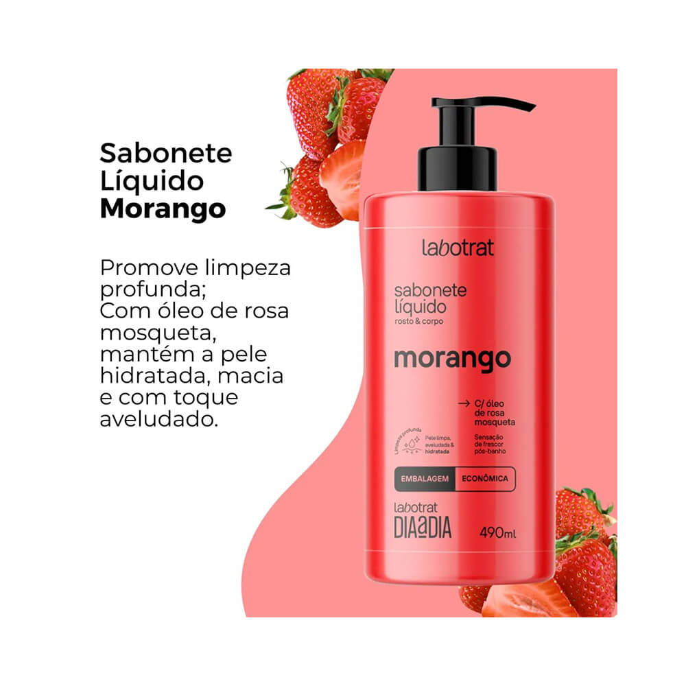 Sabonete Líquido Labotrat Dia a Dia Morango 490ml com morangos ao lado