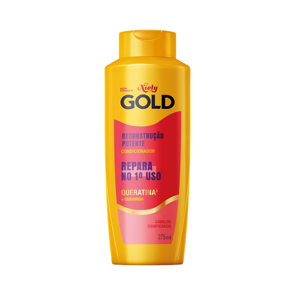 Condicionador Niely Gold Reconstrução Potente Queratina em embalagem amarela com rótulo vermelho e rosa