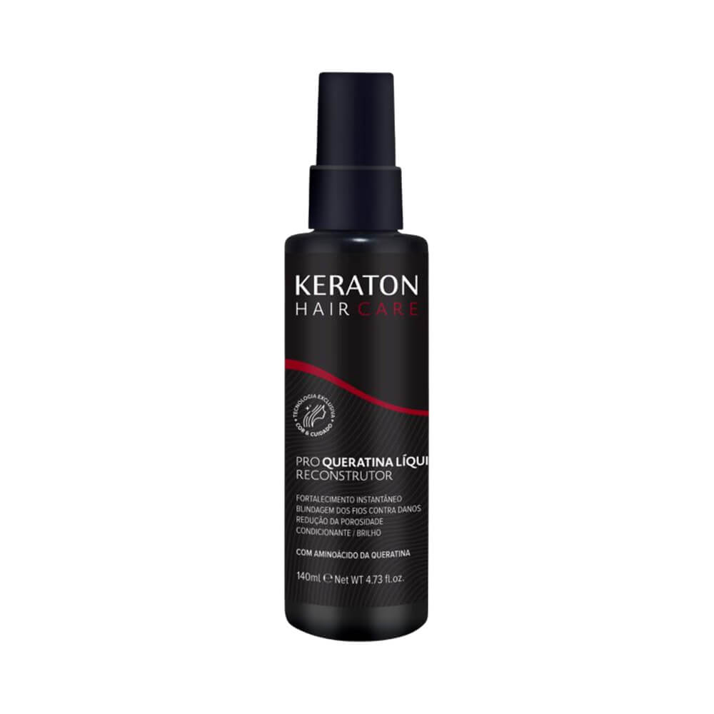 Frasco preto da Queratina Líquida Keraton Hair Care 140ml com tampa spray, destacando fortalecimento e brilho dos cabelos