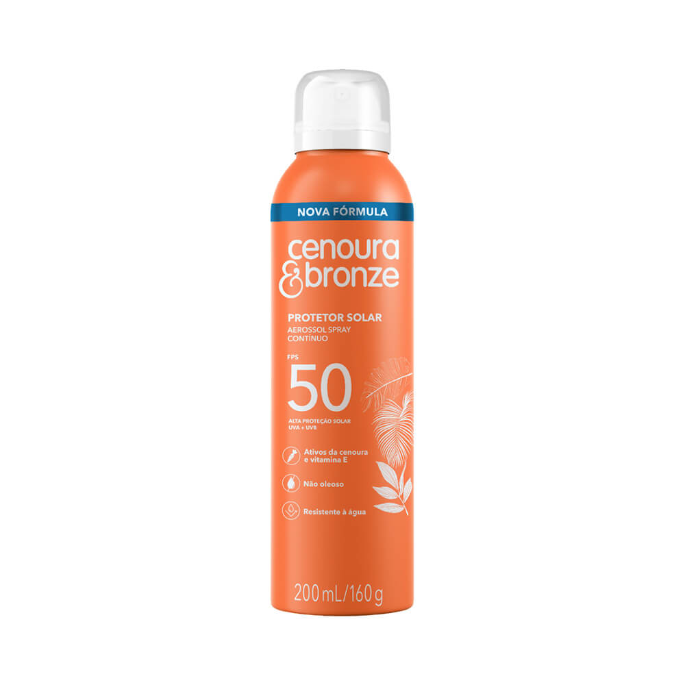 Protetor Solar Aerosol Coty Cenoura & Bronze FPS 50 200ml em embalagem laranja com tampa branca translúcida