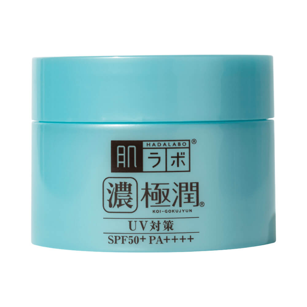 Pote do Hidratante Hada Labo Gokujyun White Gel FPS 50 azul claro com tampa rosqueada e design moderno