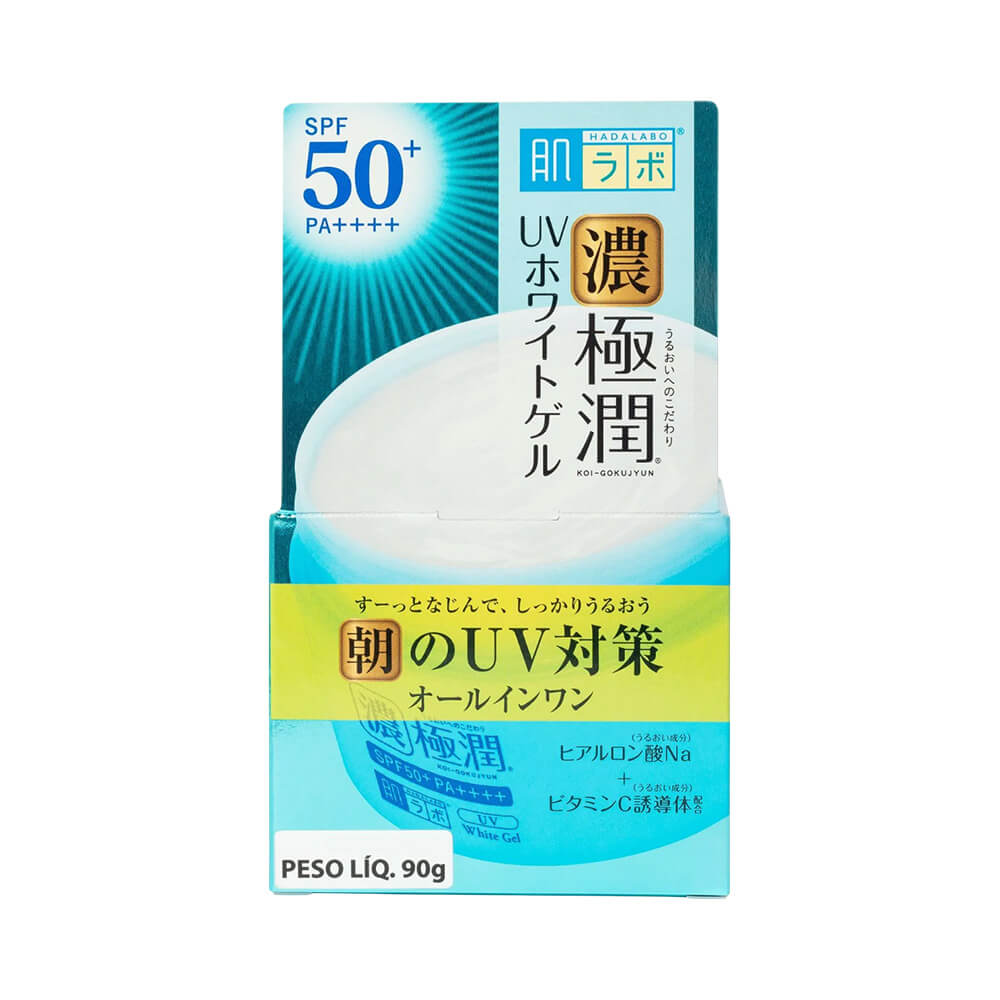 Embalagem azul do Hidratante Hada Labo Gokujyun White Gel com destaque para FPS 50+