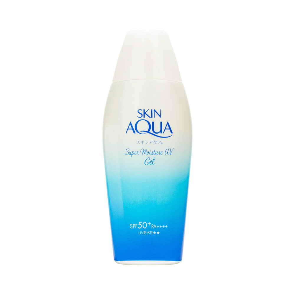 Frasco do protetor solar Skin Aqua Super Moisture Gel FPS 50 com embalagem azul degradê