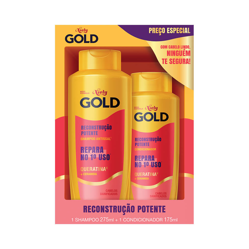Kit Niely Gold Shampoo e Condicionador Reconstrução Potente Queratina 450ml