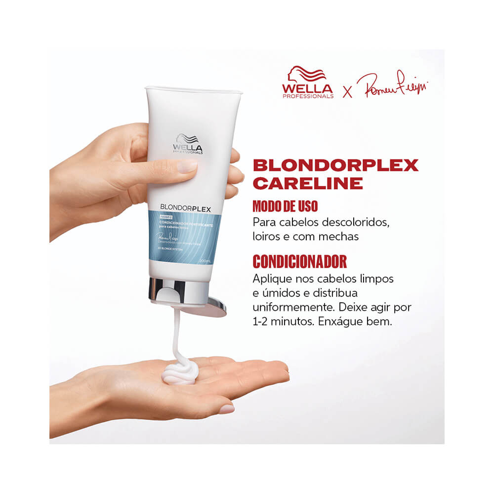 Uma mão segurando um tubo de condicionador Wella Blondorplex 200ml com fundo branco e texto vermelho