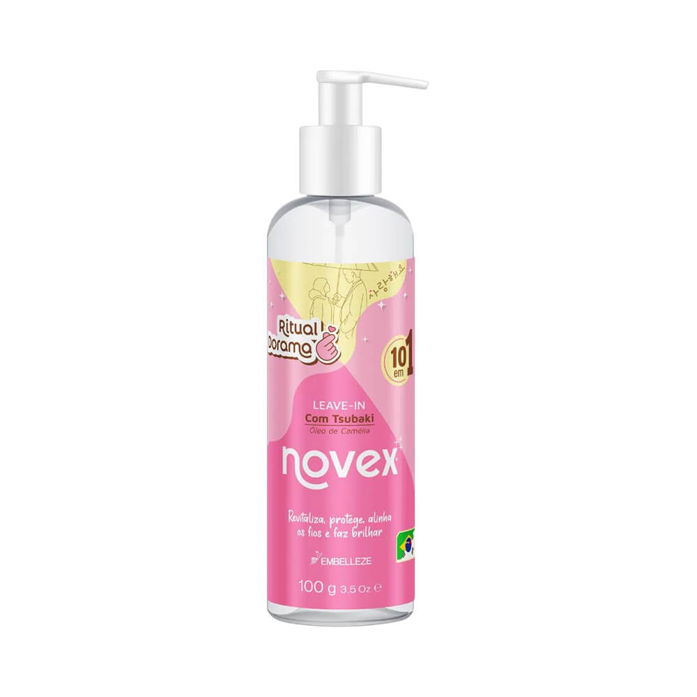 Frasco transparente do Leave-In Novex Ritual Dorama 10 em 1 100ml com rótulo rosa e amarelo.