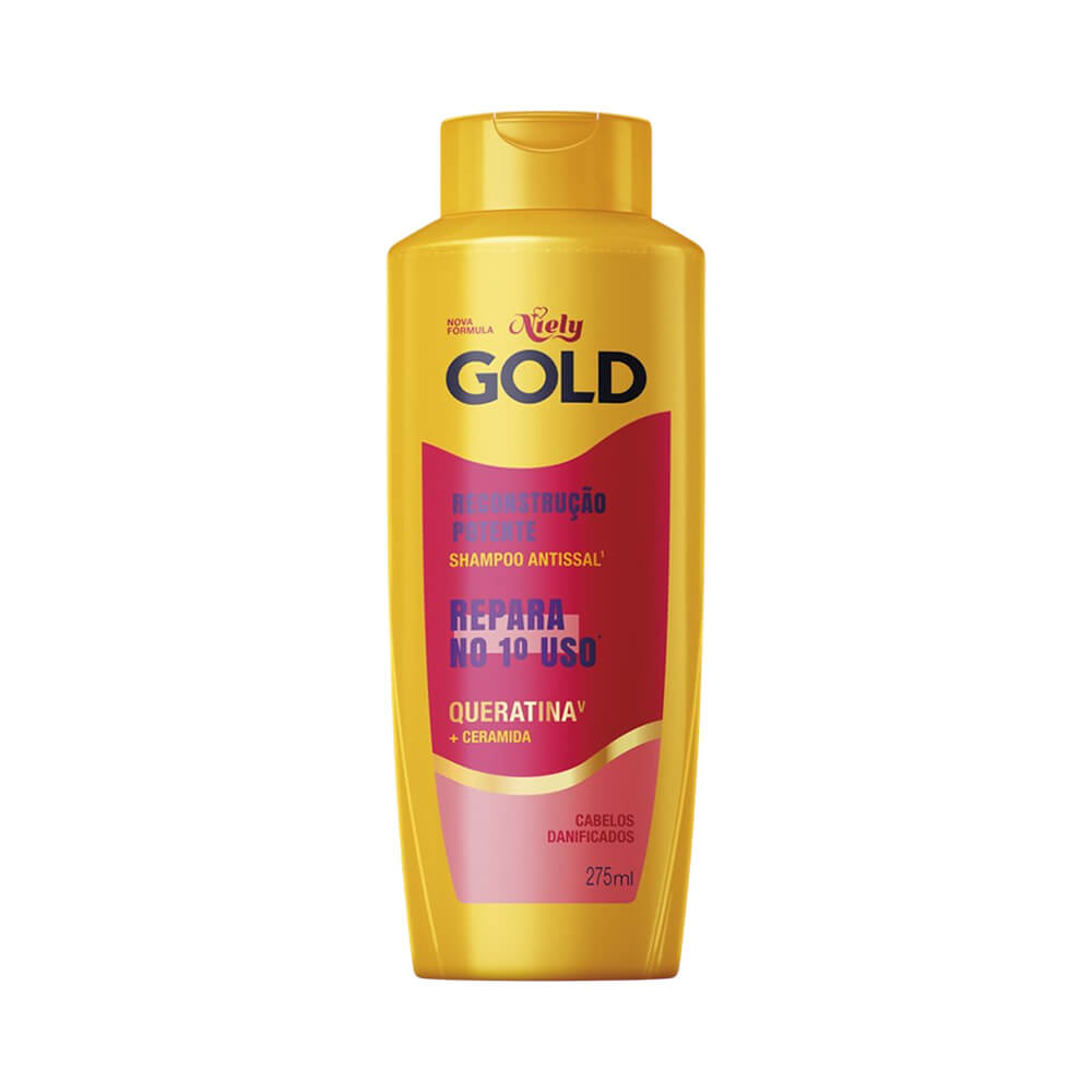 Shampoo Niely Gold Reconstrução Potente Queratina 275ml em embalagem amarela com detalhes vermelhos e dourados