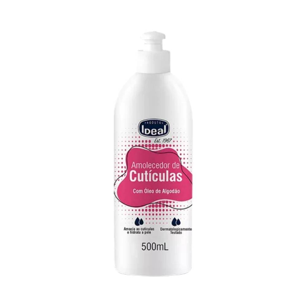 Amolecedor de Cutículas Ideal com Óleo de Algodão 500ml em embalagem branca com detalhes em rosa e azul