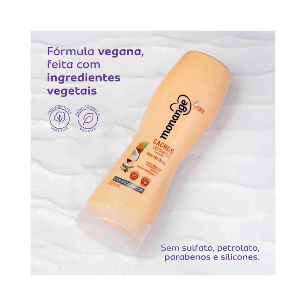 Condicionador Monange Cachos Que Tal 325ml em fundo branco com destaque para selo vegano