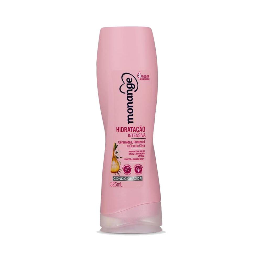 Frontal do condicionador Monange Hidrata Com Poder 325ml em embalagem rosa clara