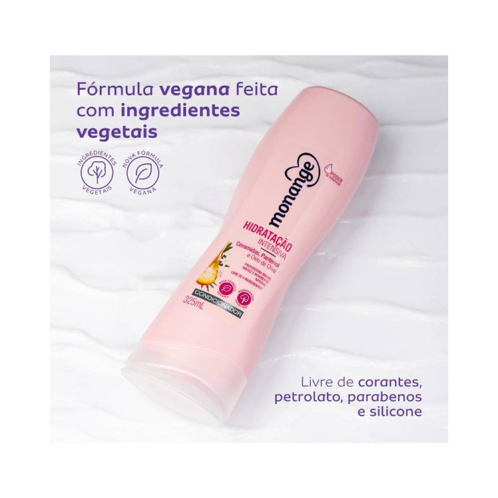 Embalagem do condicionador Monange sobre fundo branco com textura cremosa