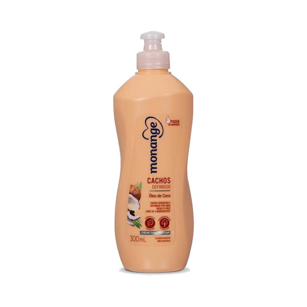 Frasco do Creme Para Pentear Monange Cachos Que Tal 300ml com rótulo destacando óleo de coco e fórmula vegana