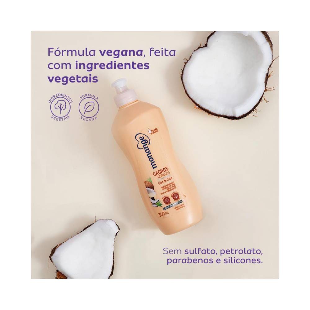 Creme para pentear Monange Cachos Que Tal 300ml com coco partido ao meio evidenciando o óleo de coco