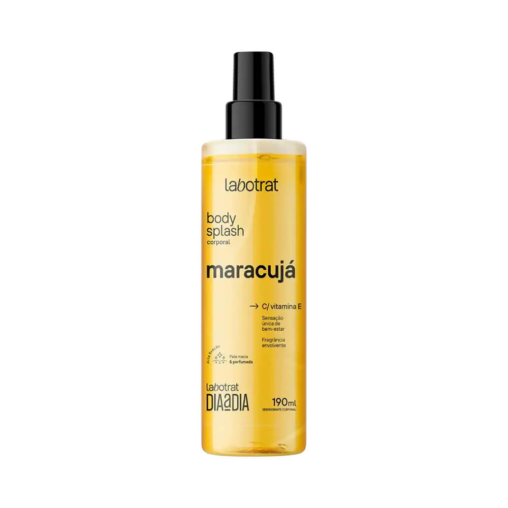 Body Splash Labotrat Dia a Dia Maracujá 190ml em frasco amarelo com tampa preta sobre fundo branco.
