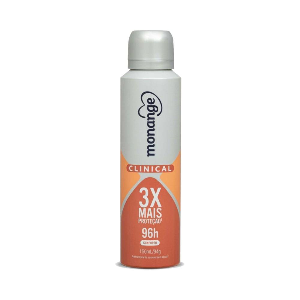 Desodorante Monange Clinical Conforto Aerossol Feminino 150ml em embalagem prata e laranja