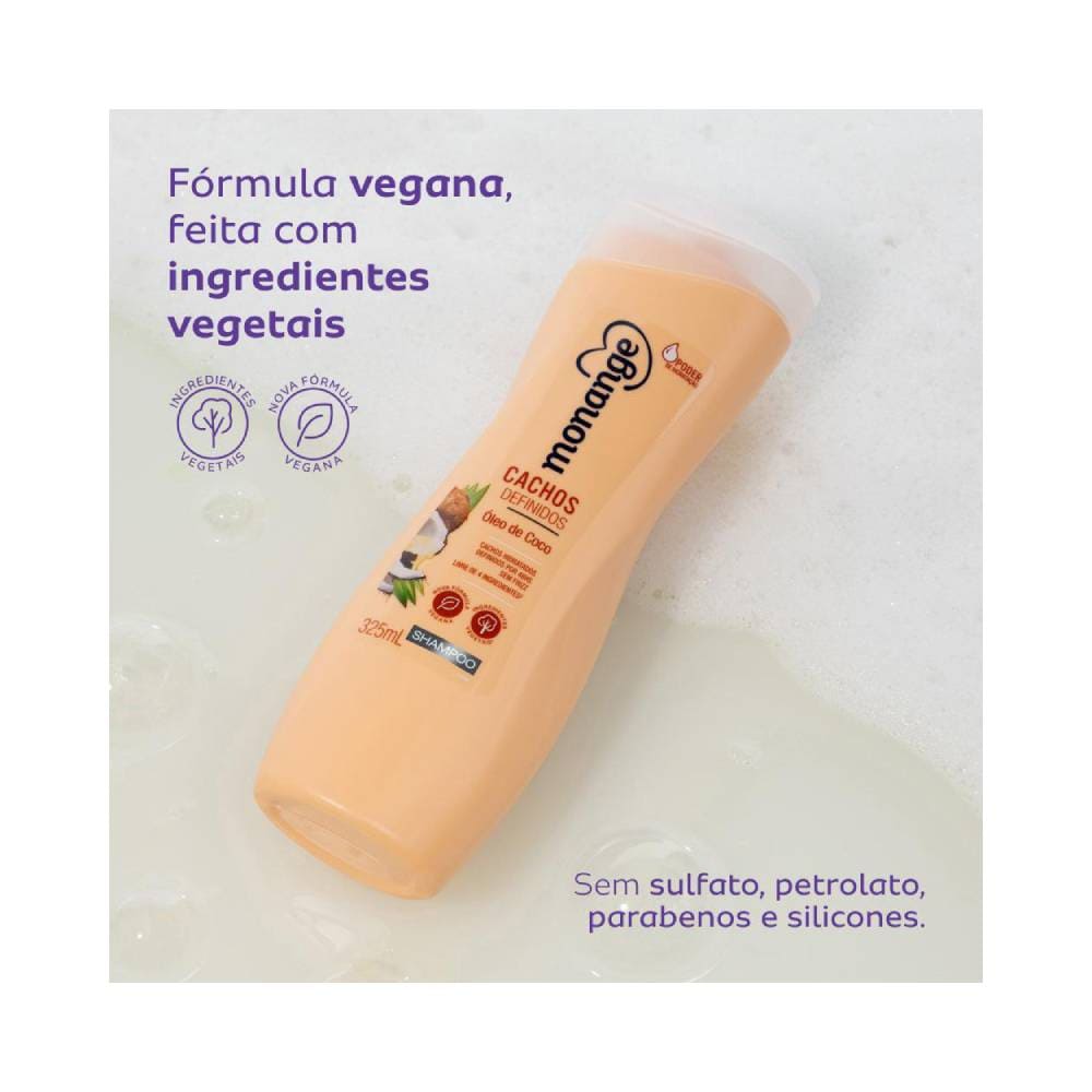 Shampoo Monange Cachos Que Tal 325ml com destaque para fórmula vegana e ingredientes vegetais