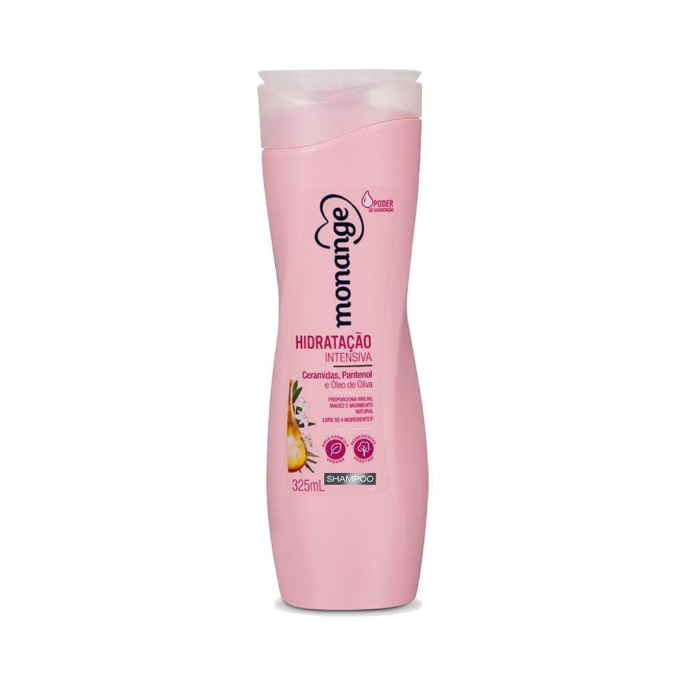 Frasco rosa claro do Shampoo Monange Hidrata com Poder 325ml com destaque para ingredientes e fórmula vegana